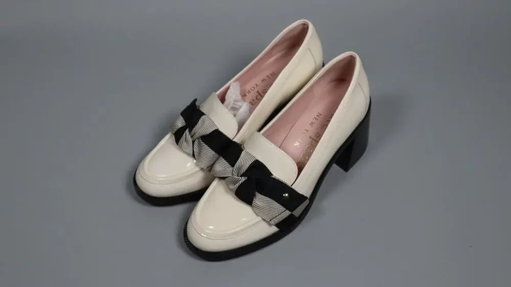 Kate Spade New York Leandra Heeled Loafer Pump Cream Black Patent Leather Size 7